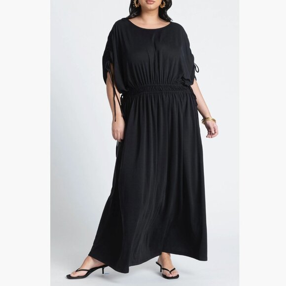 Eloquii Drawstring Jersey Stretch Knit Maxi Dress Size 14 / 16 Black Elastic - Picture 1 of 13